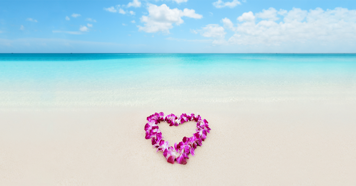 photo of a heart-shaped pink lei on a beach 