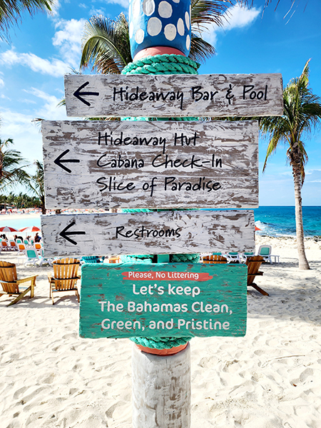 Sign on Hideaway Beach, on Perfect Day Coco Cay