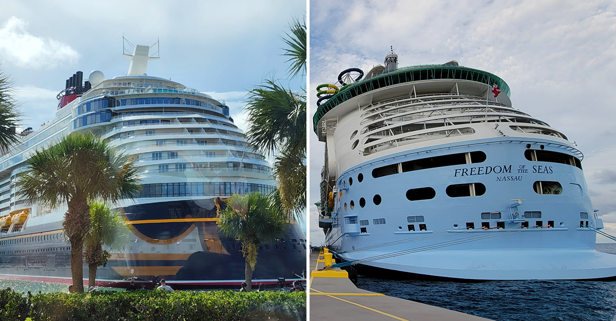 Two photos side by side - on the right is a picture of a Disney Cruise Lines cruise ship, and on the right is a Royal Caribbean Cruises ship called "Freedom of the Seas" 